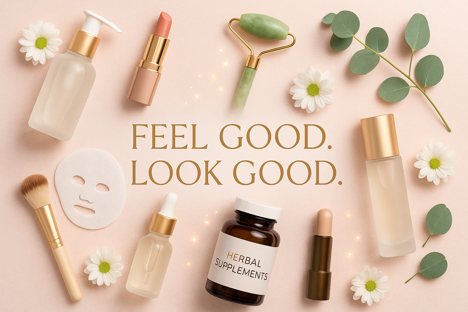 please include some beauty items the image, with the text "Feel Good. Look Good" within the banner