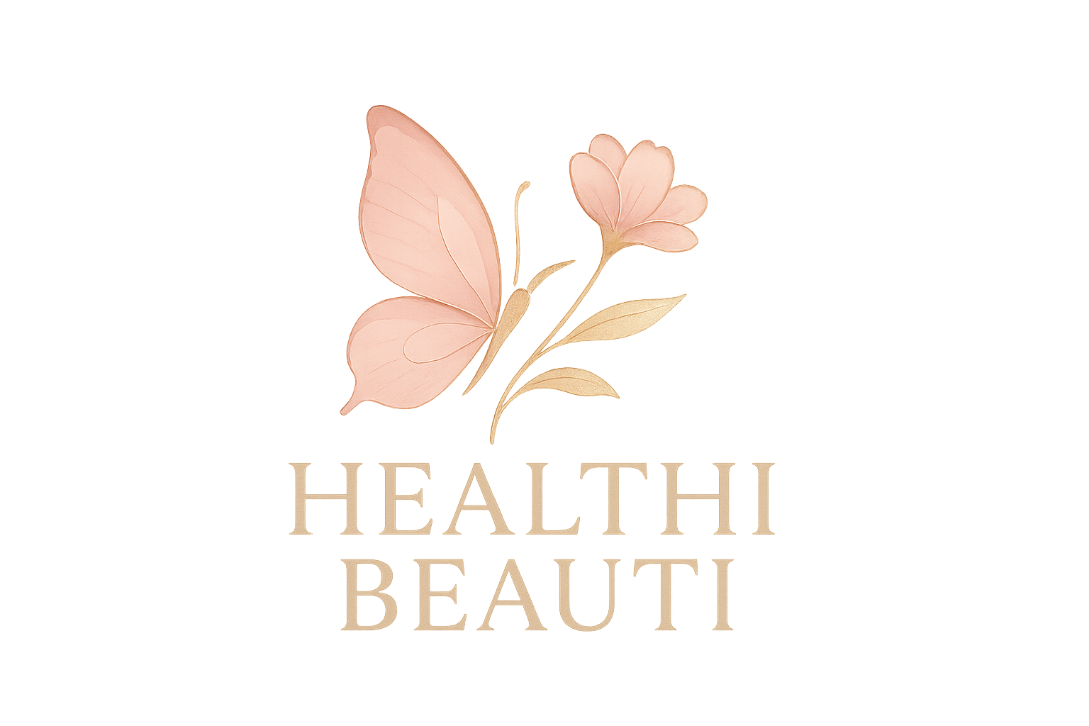 "Redesign the 'Healthi Beauti' logo to blend seamlessly with a soft, feminine e-commerce website. Remove the dark teal background and use either white, blush pink, or transparent background. Keep the butterfly/flower symbol but recolor it with soft blush pink, rose gold, and light gold accents to match a health and beauty theme. Use elegant, modern typography in warm beige, blush pink, or soft gold tones. The overall style should be light, airy, and harmonious with pastel pink and gold website colors."
